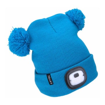 Extol - Kinder-Mütze mit integrierter Stirnlampe und USB-Ladefunktion 250 mAh, blau mit Bommel, Kindergröße