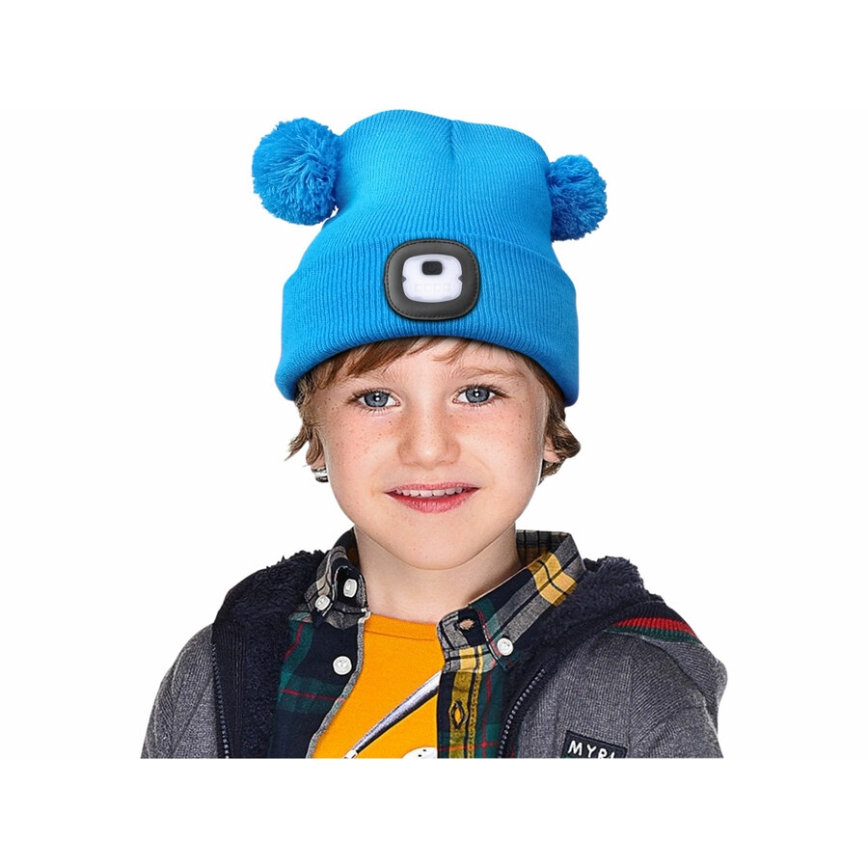 Extol - Kinder-Mütze mit integrierter Stirnlampe und USB-Ladefunktion 250 mAh, blau mit Bommel, Kindergröße