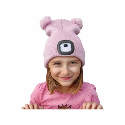 Extol - Kinder-Mütze mit Stirnlampe und USB-Ladefunktion, 250 mAh, rosa mit Bommeln, Größe: Kinder