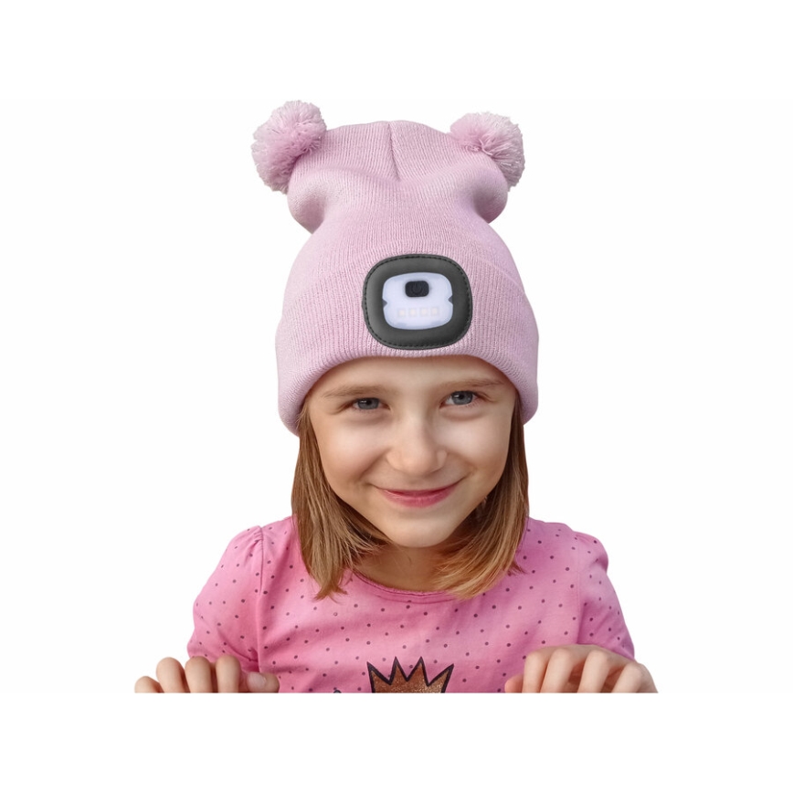 Extol - Kinder-Mütze mit Stirnlampe und USB-Ladefunktion, 250 mAh, rosa mit Bommeln, Größe: Kinder