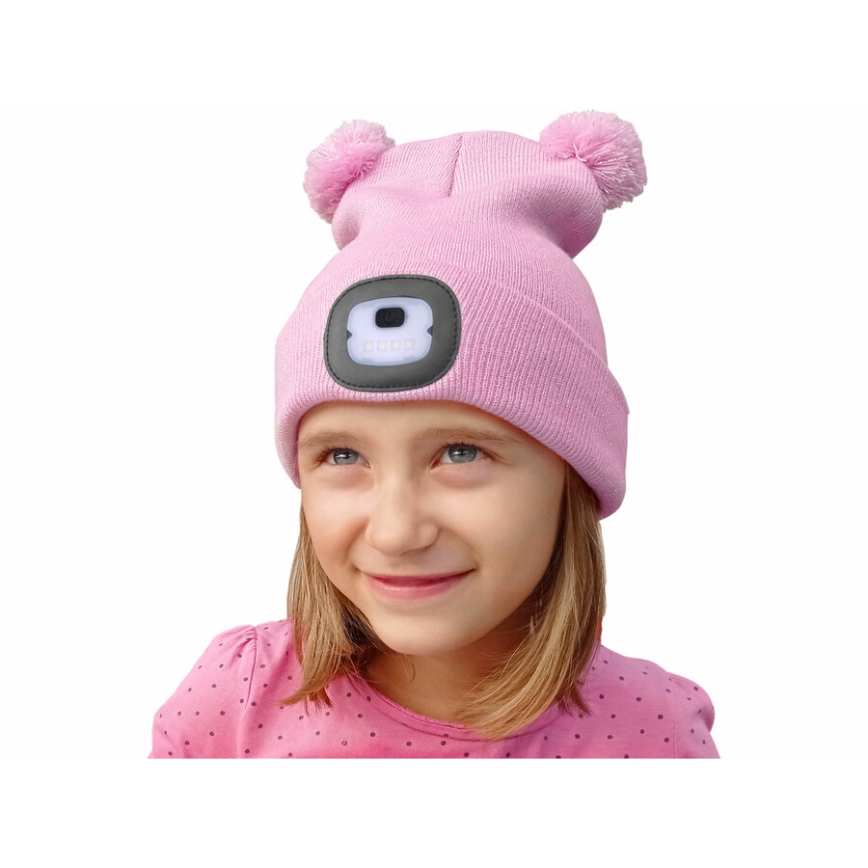 Extol - Kinder-Mütze mit Stirnlampe und USB-Ladefunktion, 250 mAh, rosa mit Bommeln, Größe: Kinder