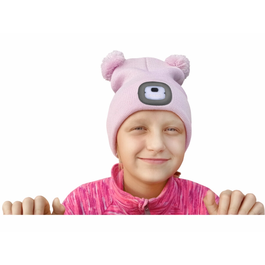 Extol - Kinder-Mütze mit Stirnlampe und USB-Ladefunktion, 250 mAh, rosa mit Bommeln, Größe: Kinder