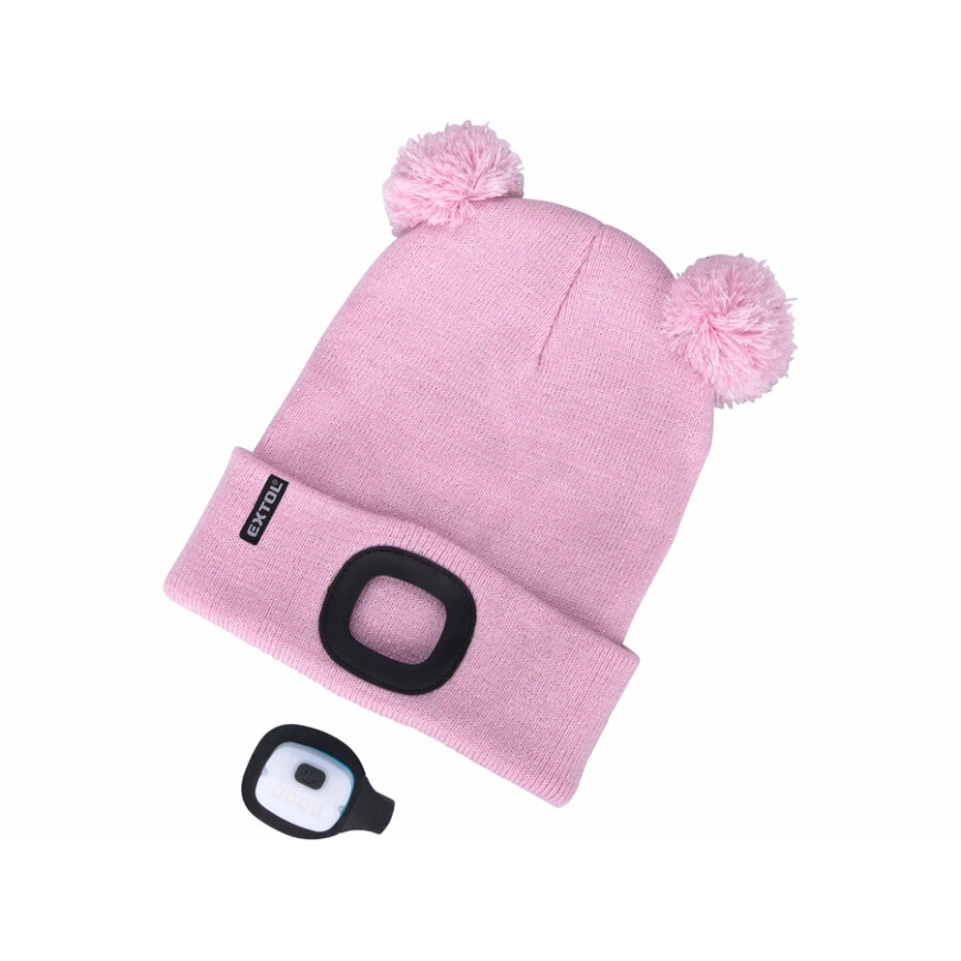 Extol - Kinder-Mütze mit Stirnlampe und USB-Ladefunktion, 250 mAh, rosa mit Bommeln, Größe: Kinder