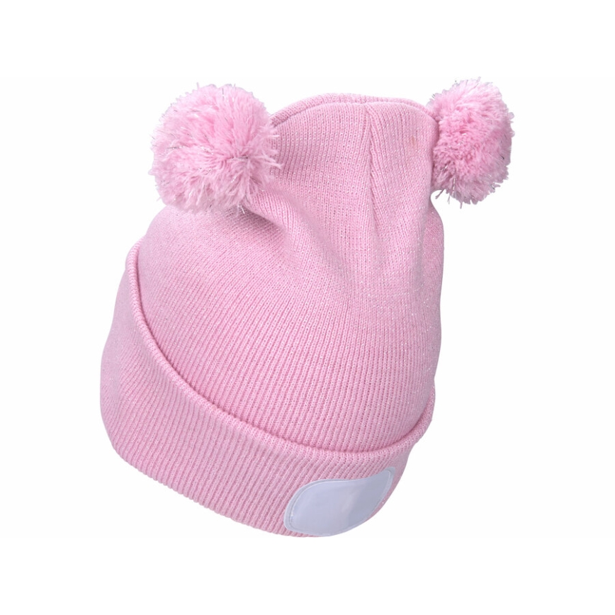 Extol - Kinder-Mütze mit Stirnlampe und USB-Ladefunktion, 250 mAh, rosa mit Bommeln, Größe: Kinder