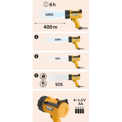 Extol - LED-Taschenlampe LED/5W/4xAA IP67 gelb/schwarz