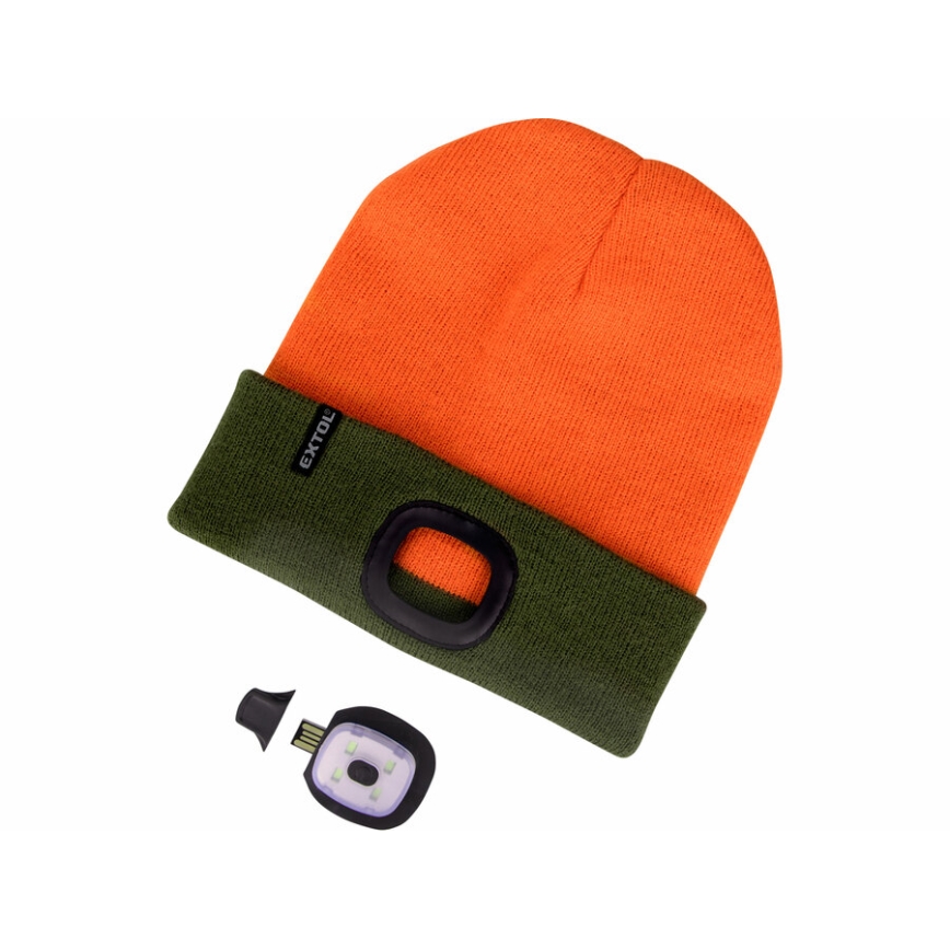 Extol - Mütze mit Stirnlampe und USB-Ladefunktion 300 mAh, neonorange/neongrün, Gr. UNI