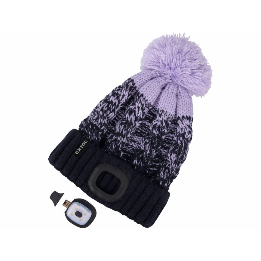 Extol - Mütze mit integrierter Stirnlampe, USB-ladebar (300 mAh), blau/violett, mit Bommel, Einheitsgröße