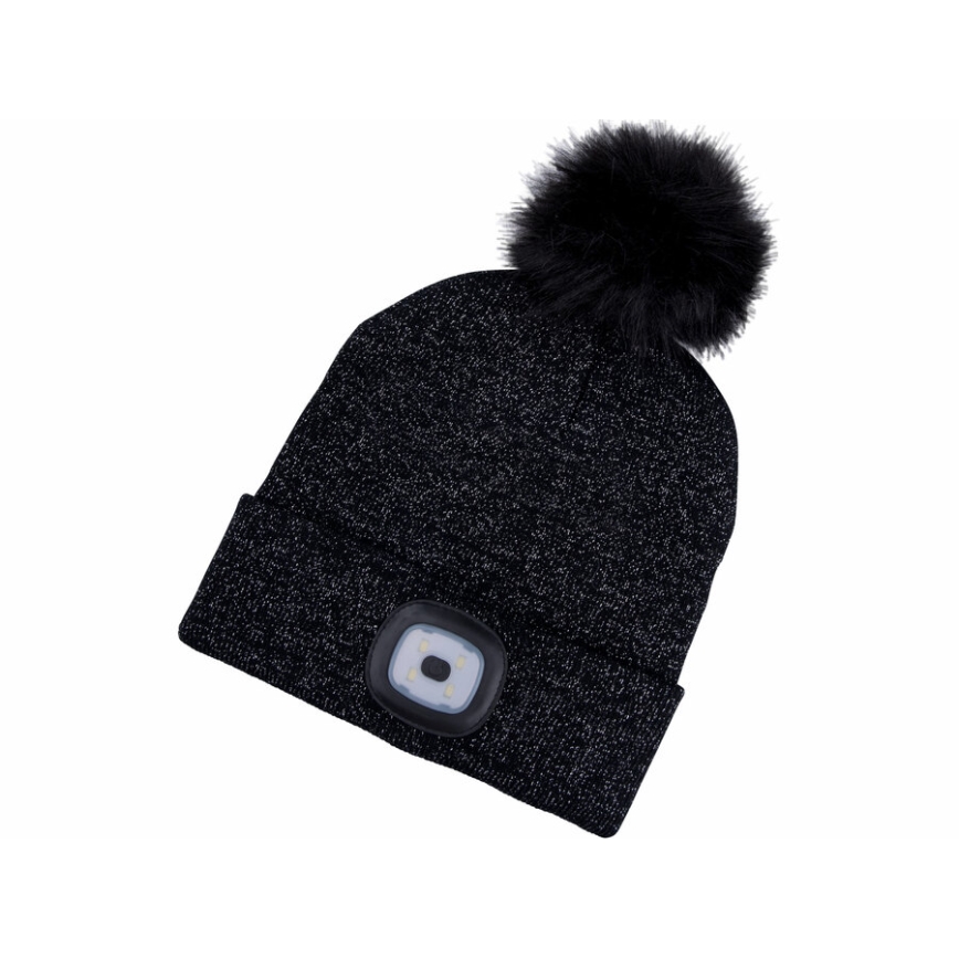 Extol - Mütze mit Stirnlampe und USB-Ladefunktion 300 mAh, schwarz mit Bommel, Gr. UNI