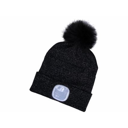 Extol - Mütze mit Stirnlampe und USB-Ladefunktion 300 mAh, schwarz mit Bommel, Gr. UNI