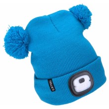 Extol – Mütze mit Stirnleuchte und USB-Aufladung 250 mAh blau mit Bommeln Kindergröße