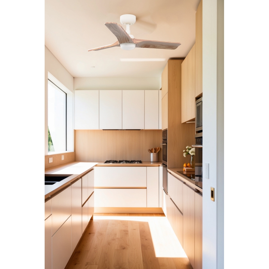 FARO 33805WT-1TW - Dimmbarer LED-Deckenventilator HEYWOOD S LED/10W/230V 2700/4000/6000K Holz/weiß d 90 cm Wi-Fi Tuya + Fernbedienung