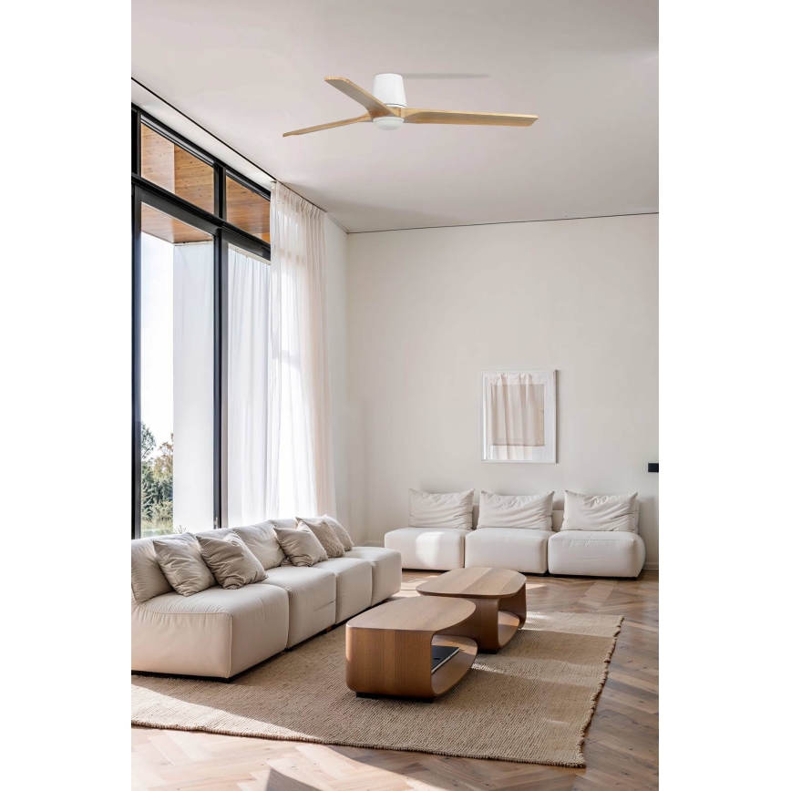 FARO 33838WT-1TW - Dimmbarer LED-Deckenventilator HEYWOOD TUB L LED/10W/230V 2700/4000/6000K Kiefer/weiß d 132 cm Wi-Fi Tuya + Fernbedienung
