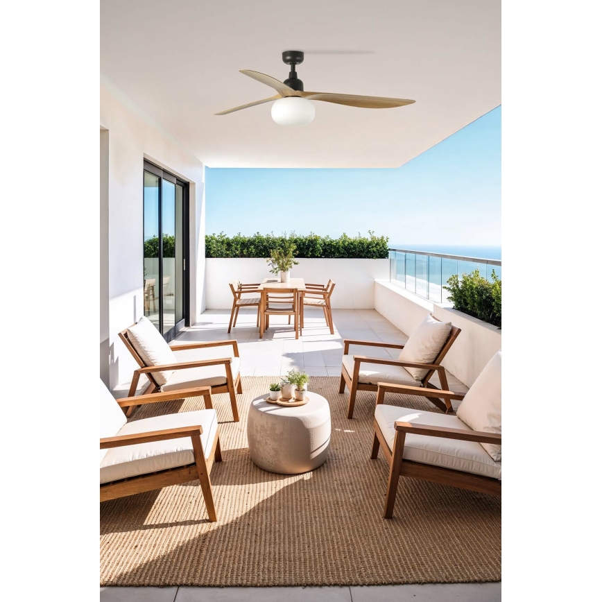 FARO 34360WT-11L - Deckenventilator OUTWOOD L 1xE27/15W/230V braun/schwarz d. 150 cm Wi-Fi Tuya IP44 + Fernbedienung