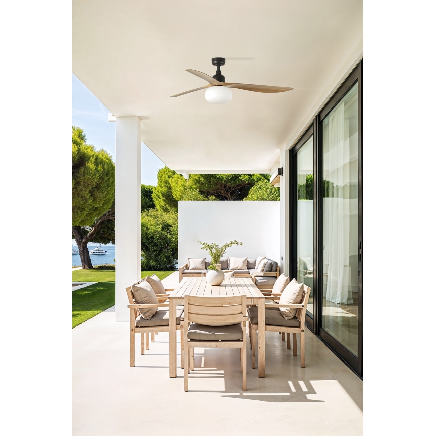 FARO 34360WT-11L - Deckenventilator OUTWOOD L 1xE27/15W/230V braun/schwarz d. 150 cm Wi-Fi Tuya IP44 + Fernbedienung