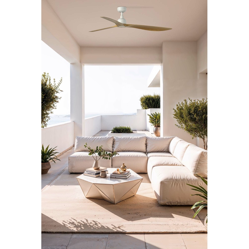 FARO 34361WT - Deckenventilator OUTWOOD L braun/weiß Ø 150 cm Wi-Fi Tuya IP44 + Fernbedienung