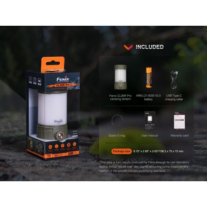 Fenix CL26RPROOLI - Tragbare, aufladbare LED-Leuchte mit Dimm-Funktion LED/USB IP66 650 glänzend 408 h 5000 mAh grün