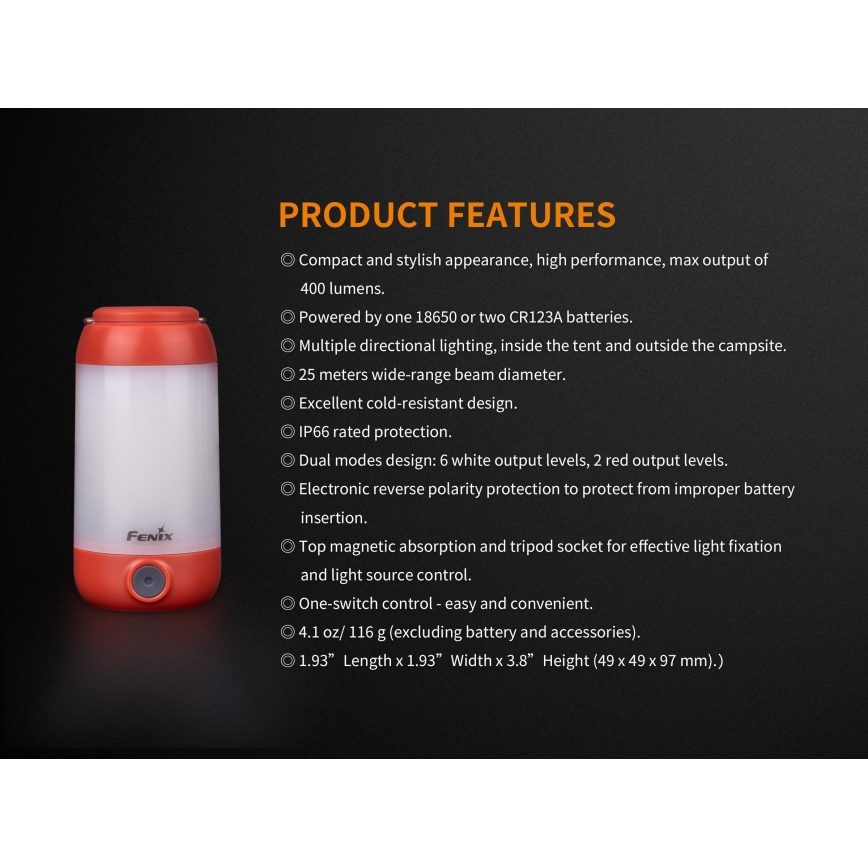 Fenix CL26RRED - Tragbare, aufladbare LED-Leuchte mit Dimm-Funktion LED/USB/2xCR123A IP66 400 lm 400 h 2600 mAh orange