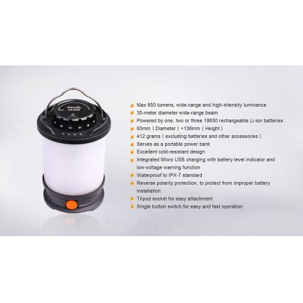Fenix CL30R - Tragbare, aufladbare LED-Leuchte LED/USB/6xCR123A IPX7 650 lm 300 h 2600 mAh