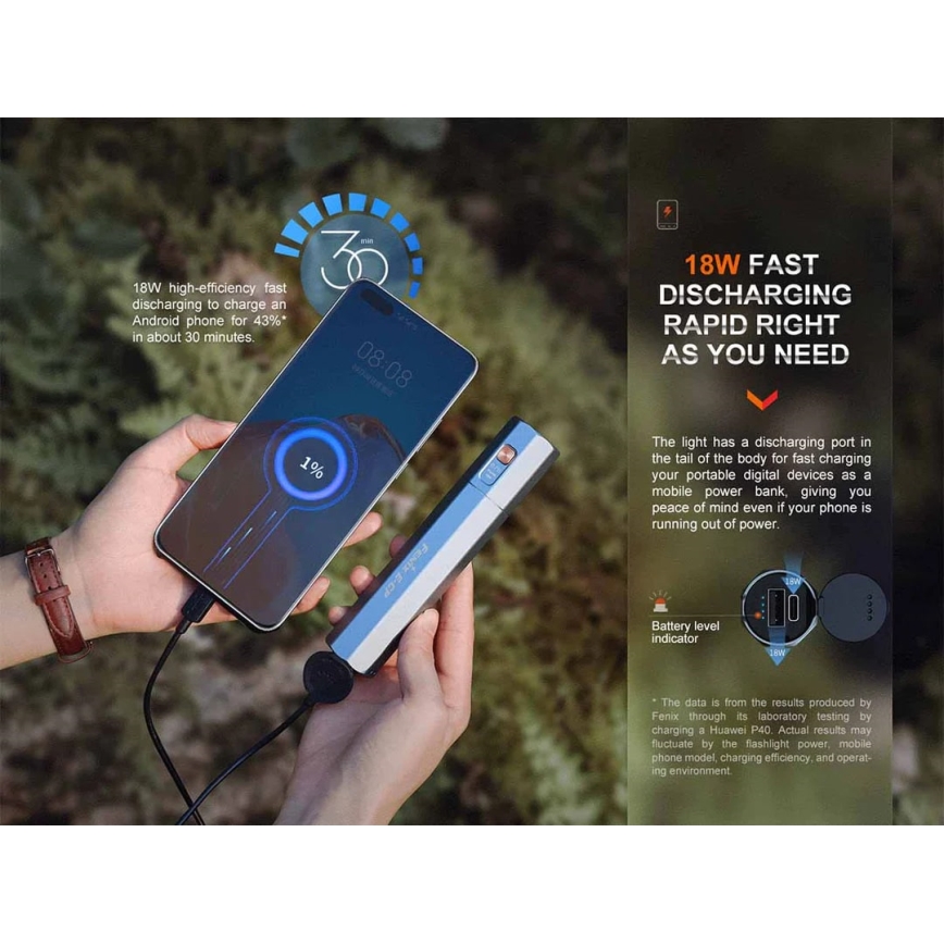Fenix ECPBLUE - Aufladbare LED-Taschenlampe mit Powerbank USB IP68 1600 glänzend 504 h 5000 mAh blau