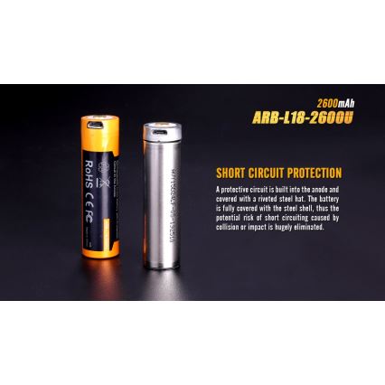 Fenix FE18650LI26USB - 1 Stück Wiederaufladbarer USB-Akku / 3,6 V, 2600 mAh