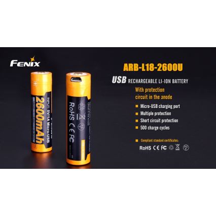 Fenix FE18650LI26USB - 1 Stück Wiederaufladbarer USB-Akku / 3,6 V, 2600 mAh