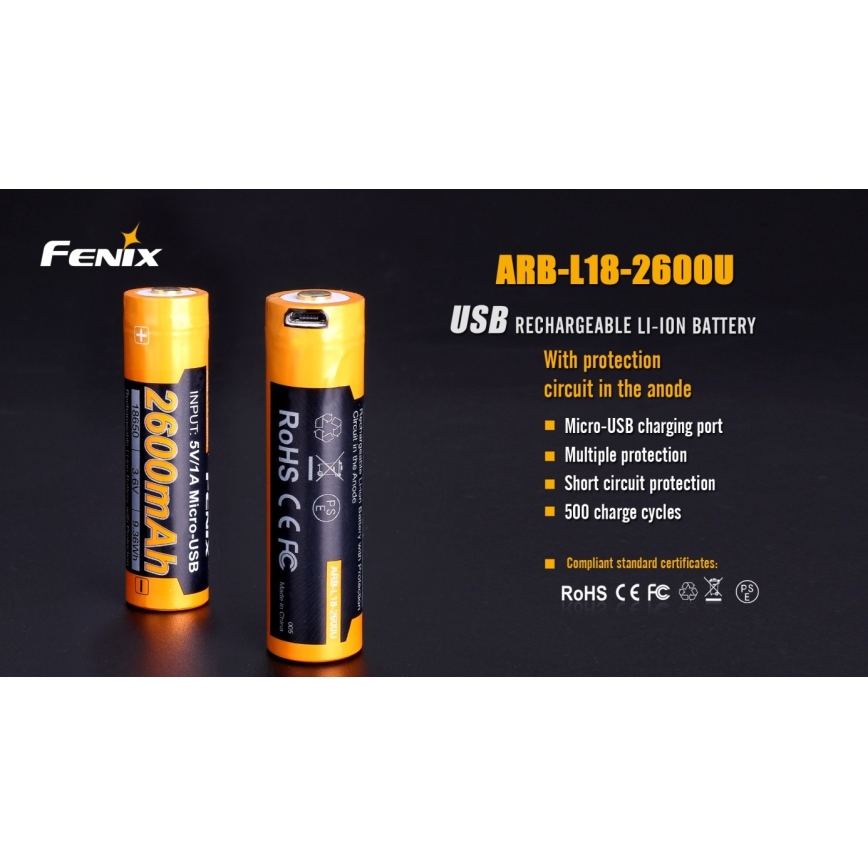 Fenix FE18650LI26USB - 1 Stück Wiederaufladbarer USB-Akku / 3,6 V, 2600 mAh
