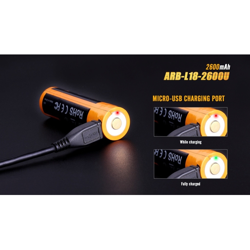 Fenix FE18650LI26USB - 1 Stück Wiederaufladbarer USB-Akku / 3,6 V, 2600 mAh