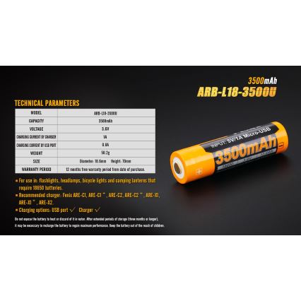 Fenix FE18650LI35USB - 1 Stück Wiederaufladbarer USB-Akku, 3,6 V, 3500 mAh