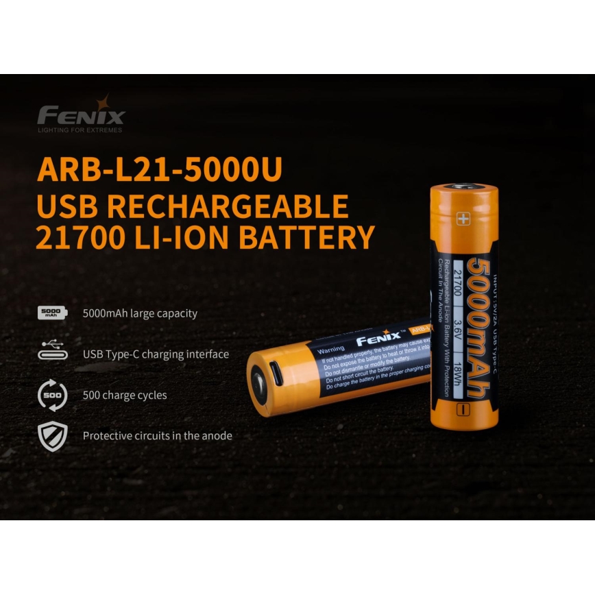 Fenix FE21700USB - 1 Stück Wiederaufladbarer Akku USB/3,6V 5000 mAh