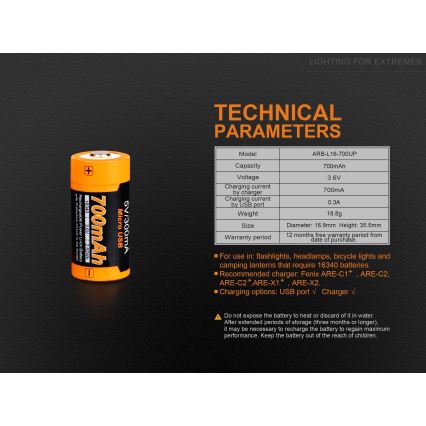Fenix FERCR123ALIIONUP – 1 Stück, über USB wiederaufladbare Batterie, 3,6 V, 700 mAh