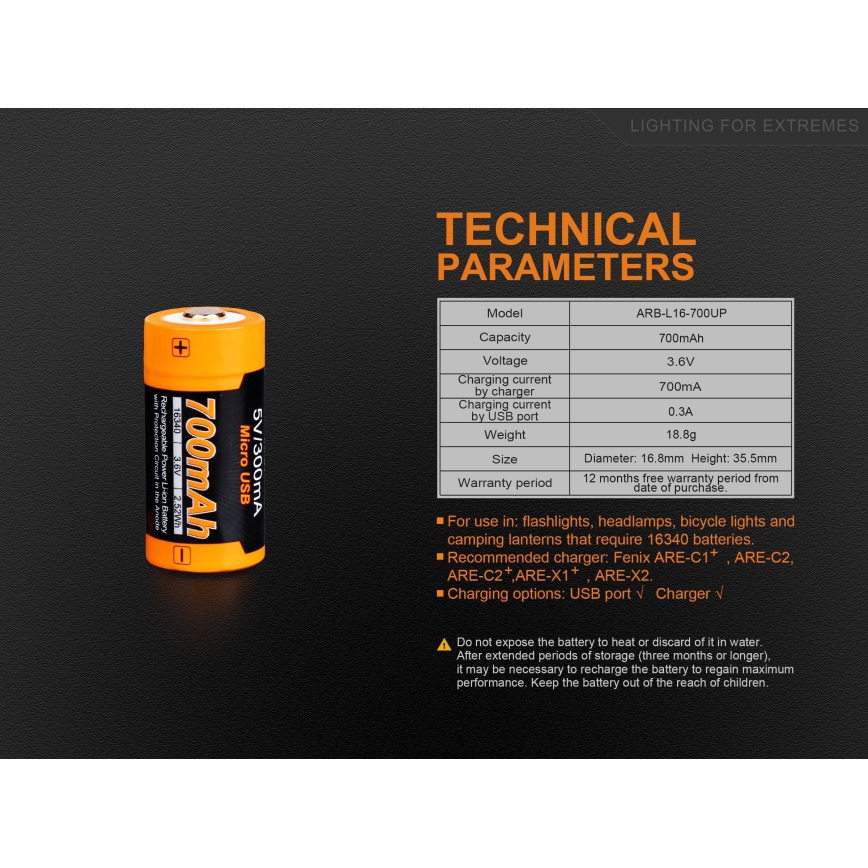 Fenix FERCR123ALIIONUP – 1 Stück, über USB wiederaufladbare Batterie, 3,6 V, 700 mAh