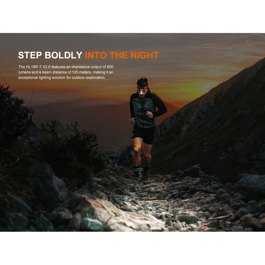 Fenix HL18RTV20BLC - Dimmbare, aufladbare LED-Stirnlampe LED/USB/3xAAA IP66 800 lm 160 h 1900 mAh schwarz/orange