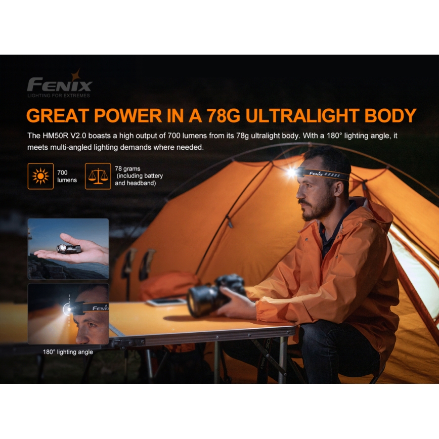 Fenix HM50RV20 - Aufladbare LED-Stirnlampe 3xLED/USB/1xCR123A IP68 700 glänzend 120 h 700 mAh