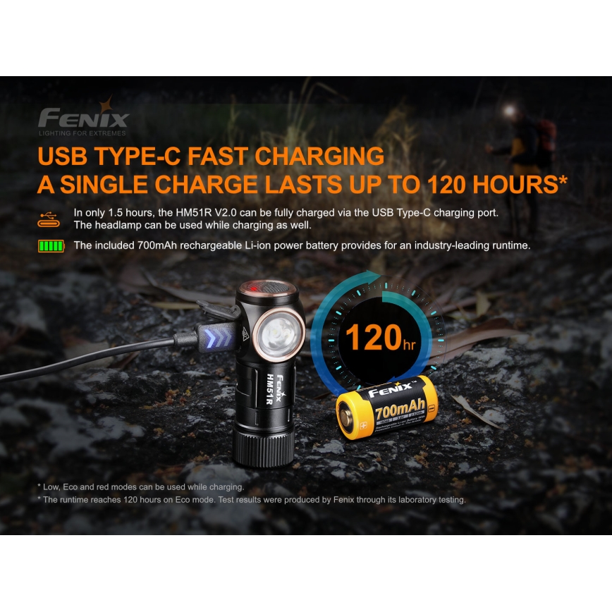 Fenix HM51RV20 - LED Stirnlampe Wiederaufladbar 3xLED/1xCR123A/USB IP68 700 lm 120 h 700 m