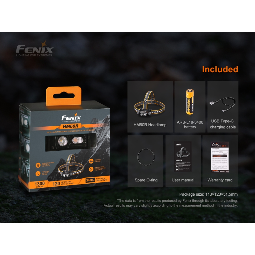 Fenix HM60R - Dimmbare, aufladbare LED-Stirnlampe 4xLED/USB/2xCR123A IP68 1300 glänzend 300 h 3400 mAh