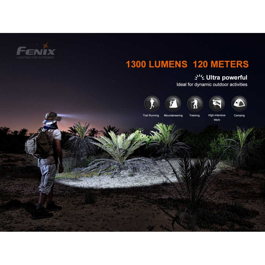 Fenix HM60R - Dimmbare, aufladbare LED-Stirnlampe 4xLED/USB/2xCR123A IP68 1300 glänzend 300 h 3400 mAh