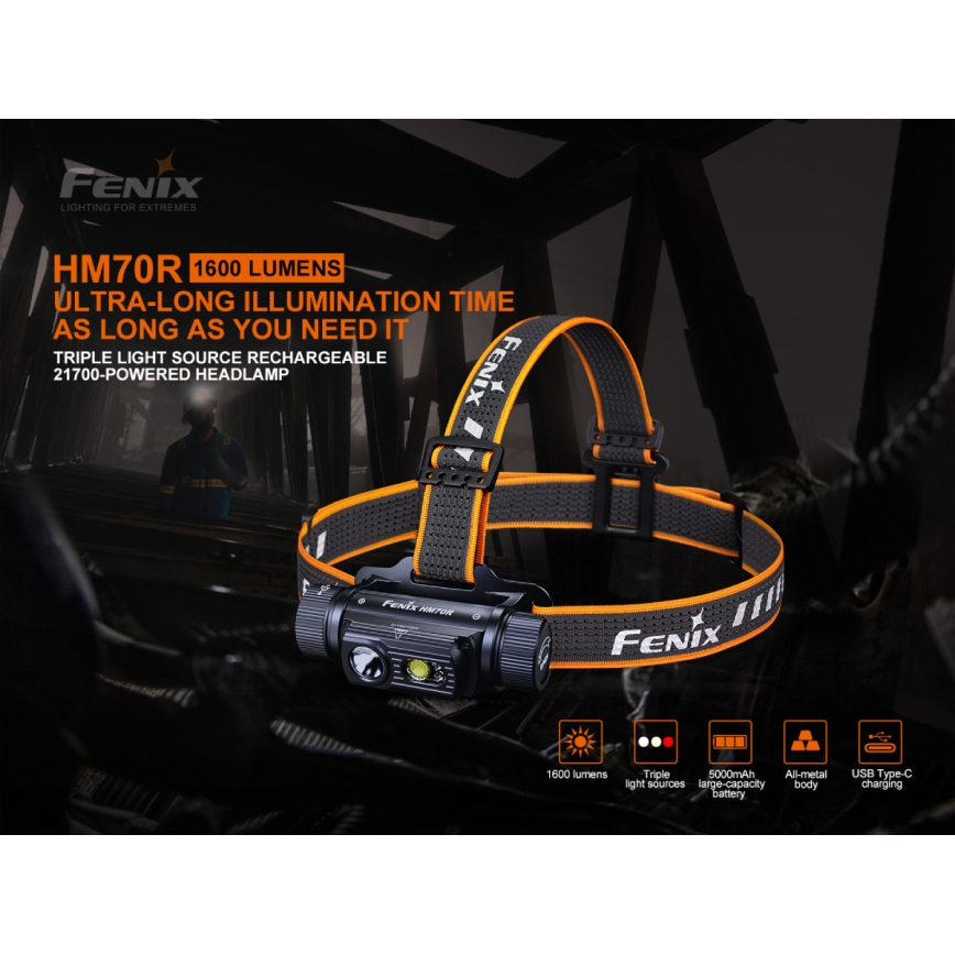 Fenix HM70R - Aufladbare LED-Stirnlampe 4xLED/1x21700 IP68 1600 glänzend 800 h 5000 mAh