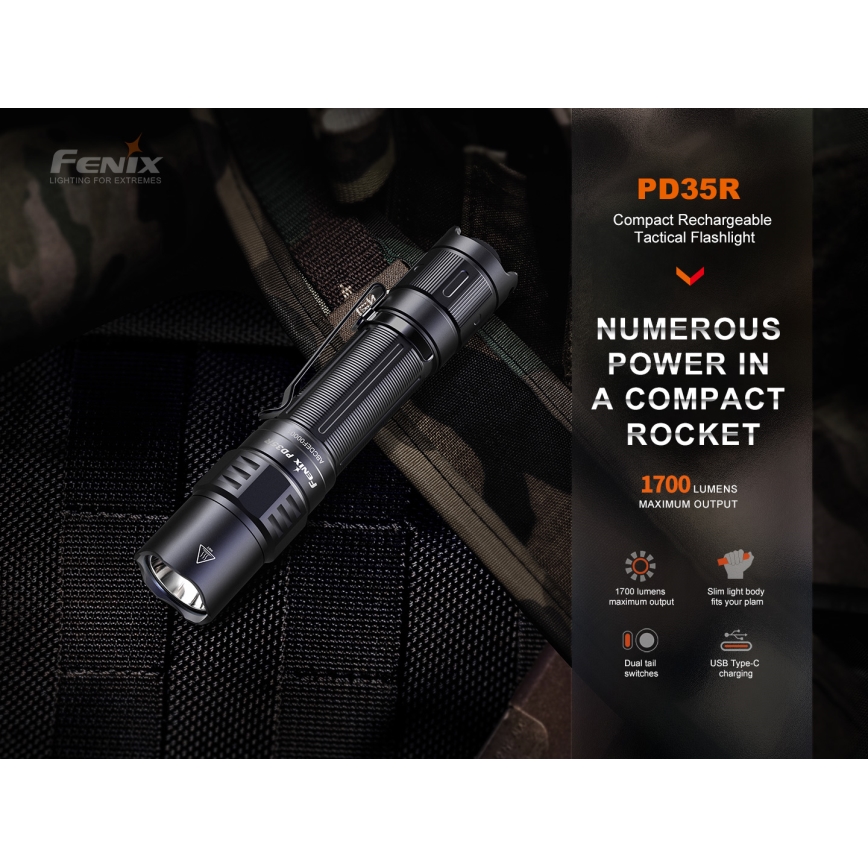 Fenix PD35R - LED Wiederaufladbare Taschenlampe LED/USB/2xCR123A IP68 1700 lm 100 h 3400 mAh