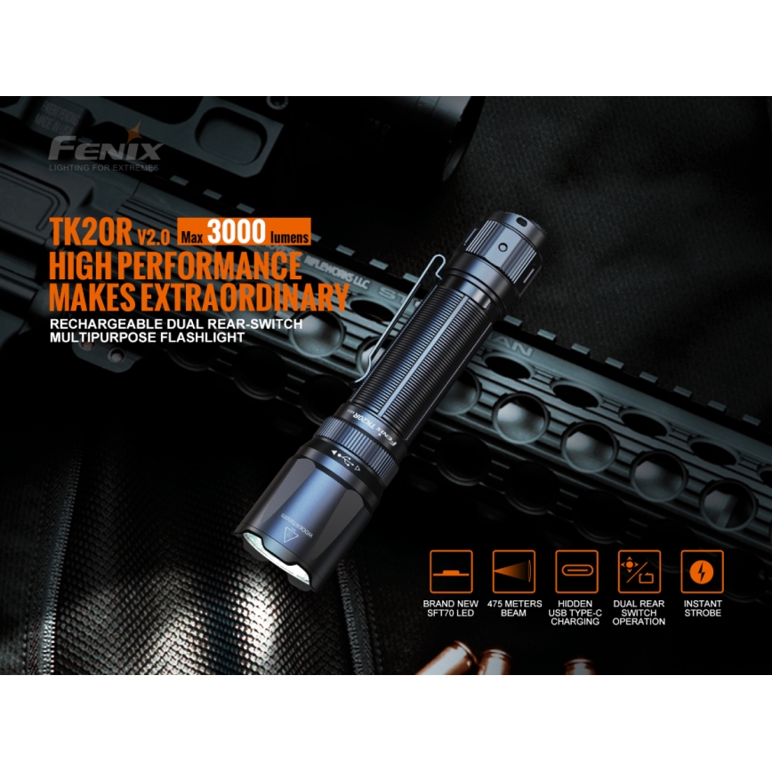 Fenix TK20RV20 - Taktische wiederaufladbare LED-Taschenlampe LED/USB IP68 3000 lm 48 Std