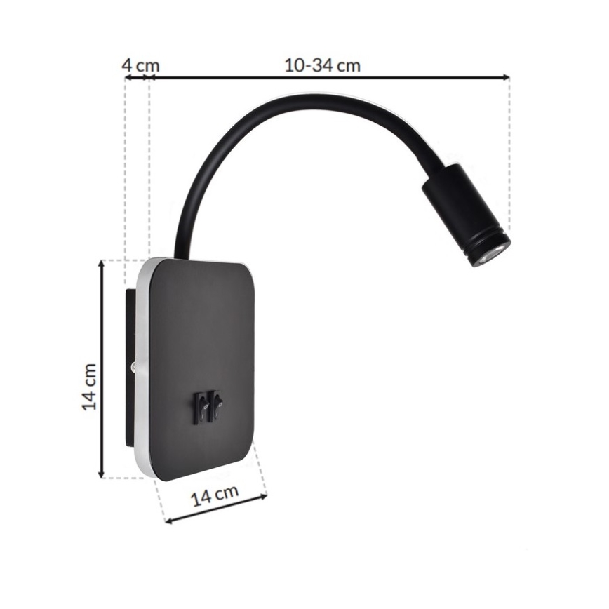 Flexible, kleine LED-Wandleuchte BASE 1xLED/8W+1xLED/2W/230V schwarz/silbern