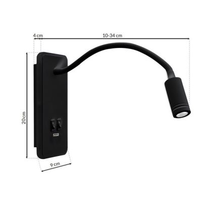 Flexible, kleine LED-Wandleuchte mit USB BASE 1xLED/8W+1xLED/2W/230V schwarz