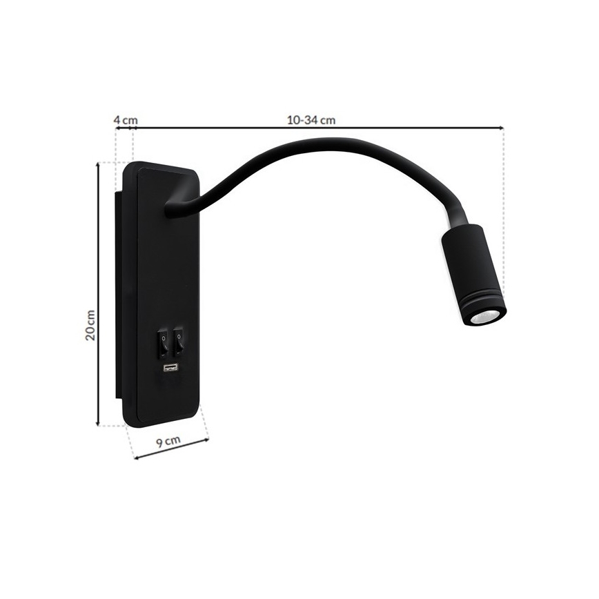 Flexible, kleine LED-Wandleuchte mit USB BASE 1xLED/8W+1xLED/2W/230V schwarz