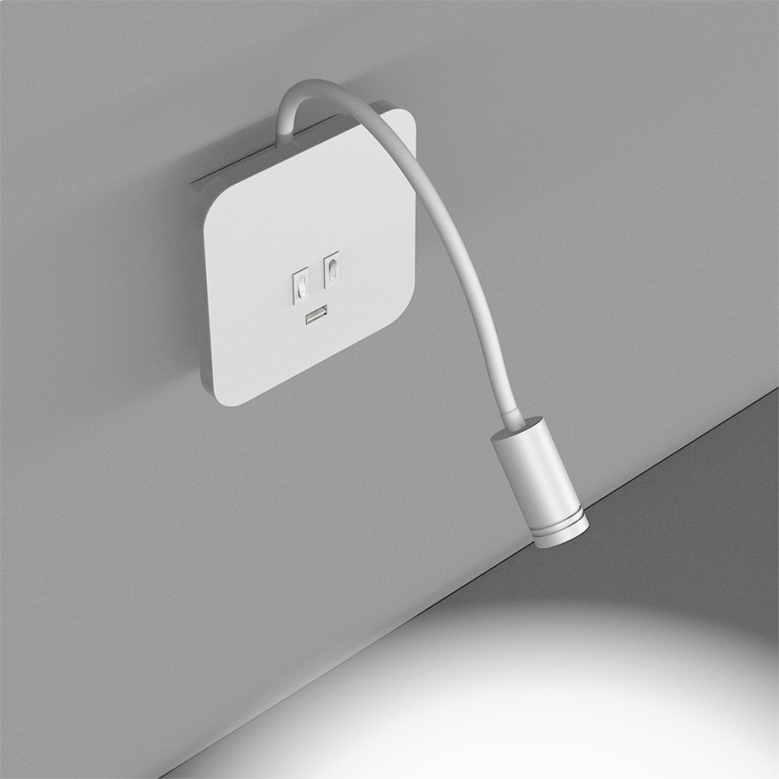 Flexible, kleine LED-Wandleuchte mit USB BASE 1xLED/8W + 1xLED/2W/230V weiß