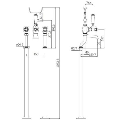 Freistehendes Badewannenset mit Armatur, 106,3 cm, glänzender Chrom