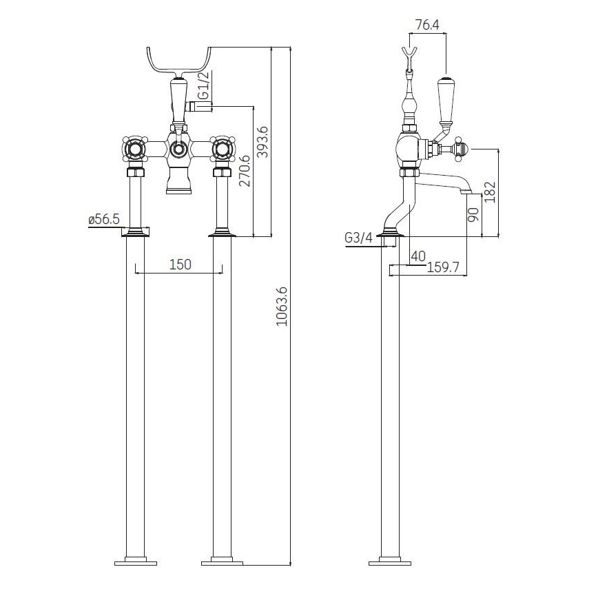 Freistehendes Badewannenset mit Armatur, 106,3 cm, glänzender Chrom