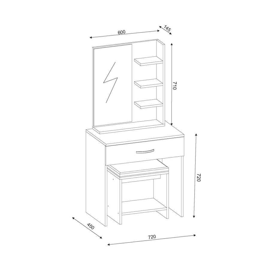 Frisiertisch OLIVIA 143x72 cm + Hocker 40x40 cm braun/weiß