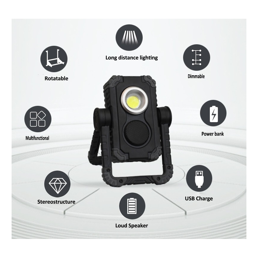 Fulgur 39947 - LED Wiederaufladbarer Scheinwerfer LED/10W/3,7V mit einem Lautsprecher 5W IP44 + USB-Anschluss