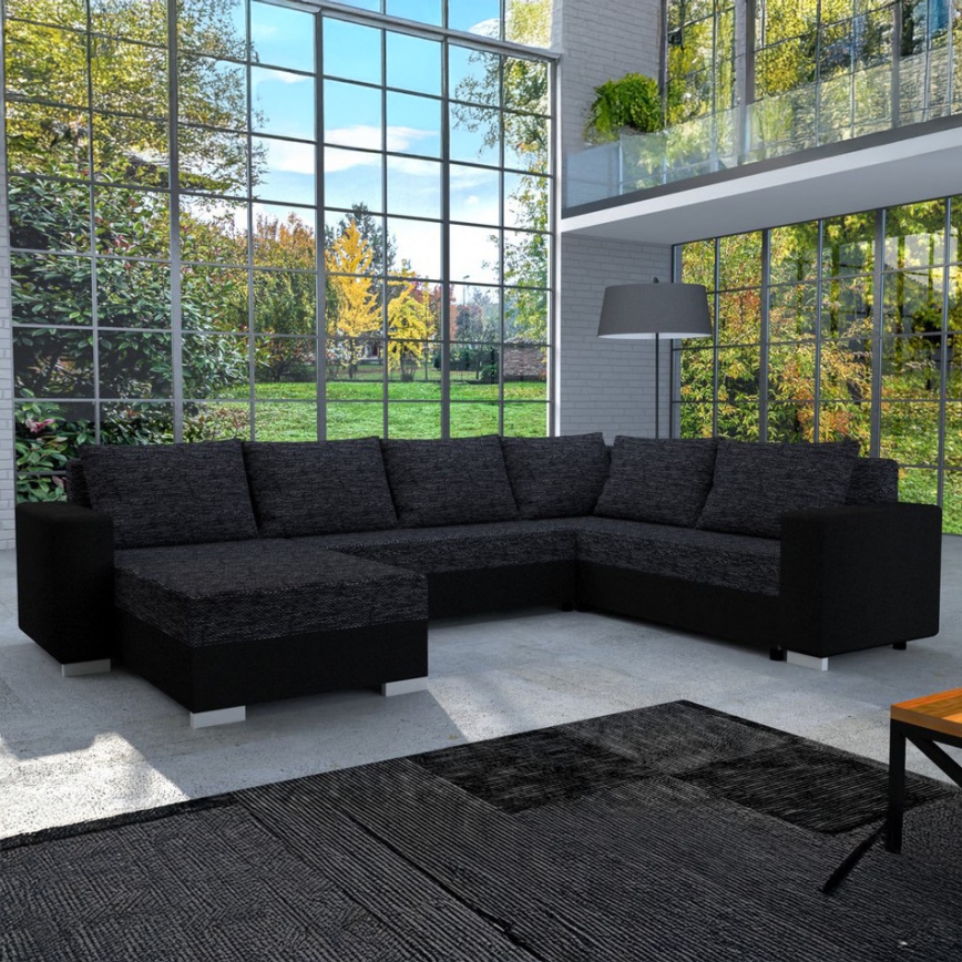 Gepolsterte, links- und rechtsmontierbare U-Eckcouch mit Schlaffunktion YORK schwarz/anthrazit