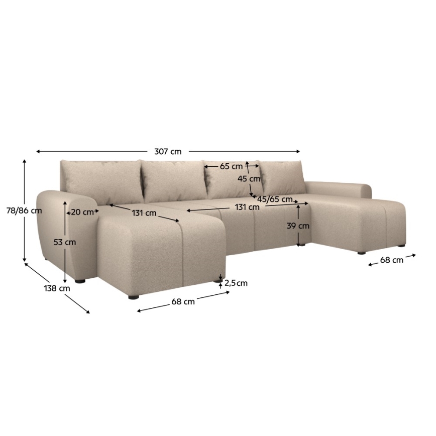 Gepolsterte, universell einsetzbare U-Sitzgarnitur NEWPORT mit Schlaffunktion, beige