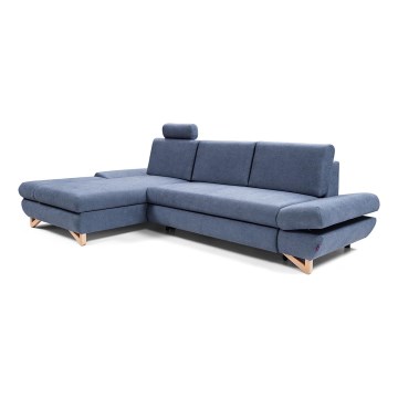 Gepolstertes, ausklappbares Ecksofa AVESTA in L‑Form mit Stauraum, links, blau